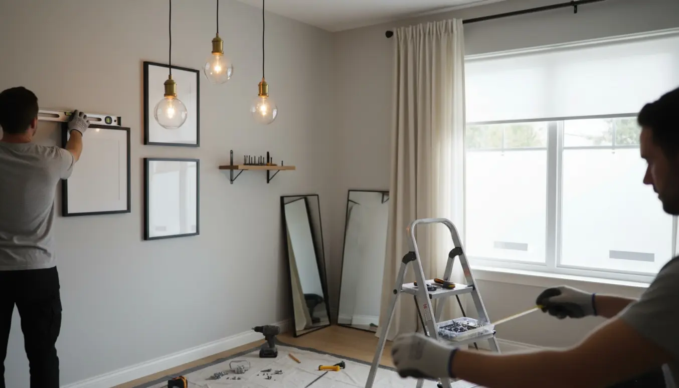 Hænder og værktøj monterer lamper, billeder, gardiner, rullegardin, vinduesfolie, en reol og et spejl i en stue.