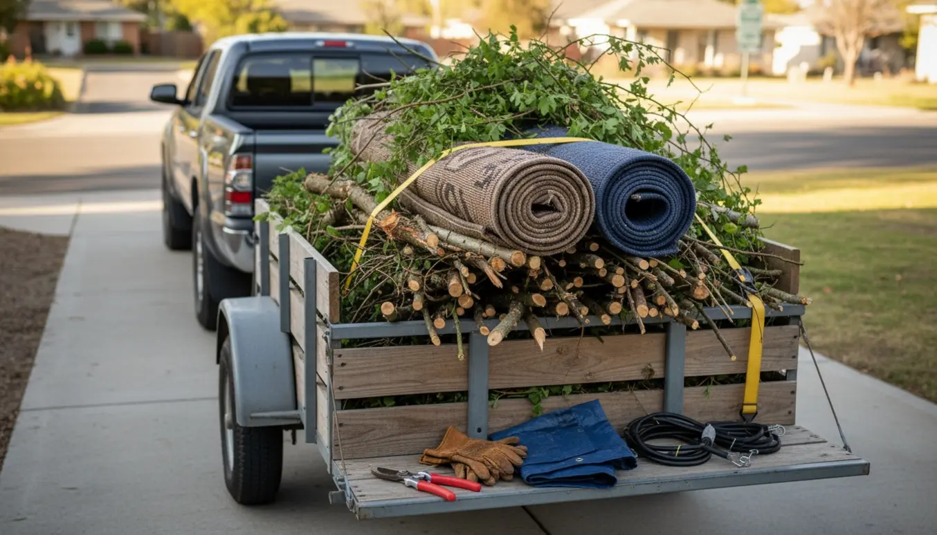 Trailer fyldt med grenaffald og to rullede gulvtæpper klar til genbrugspladsen.