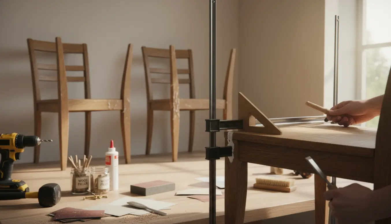 Fire træstole i et lyst værksted, én spændt i skruetvinger med værktøj til reparation ved siden af.