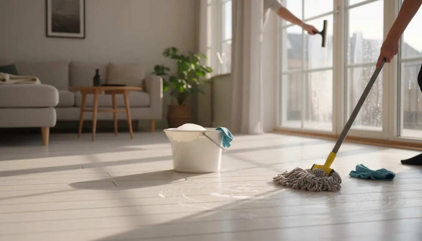 Indvendig forårsrengøring af lys stue med pudsede vinduer og nyvaskede hvidskurede trægulve.