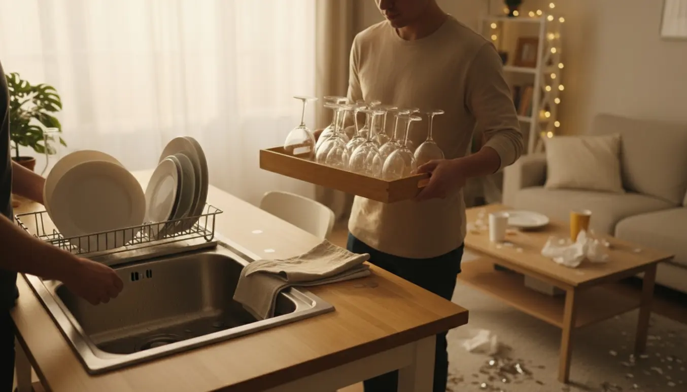 Person rydder op og serverer efter en mindre hjemmefest med bakke af glas og opvask ved køkkenvasken.