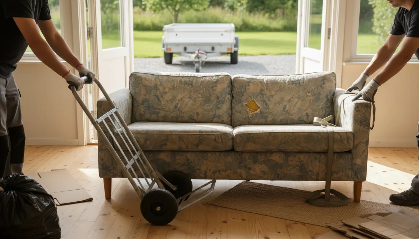 En slidt 2,5-personers sofa bæres ud af et enkeltplans sommerhus mod en trailer til skrald i blødt sollys.