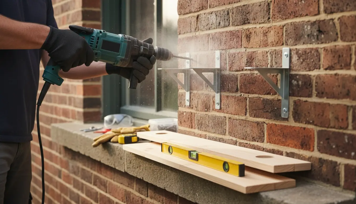 En person monterer to hylder på en ydermur med en slagboremaskine, værktøj og materialer synlige.