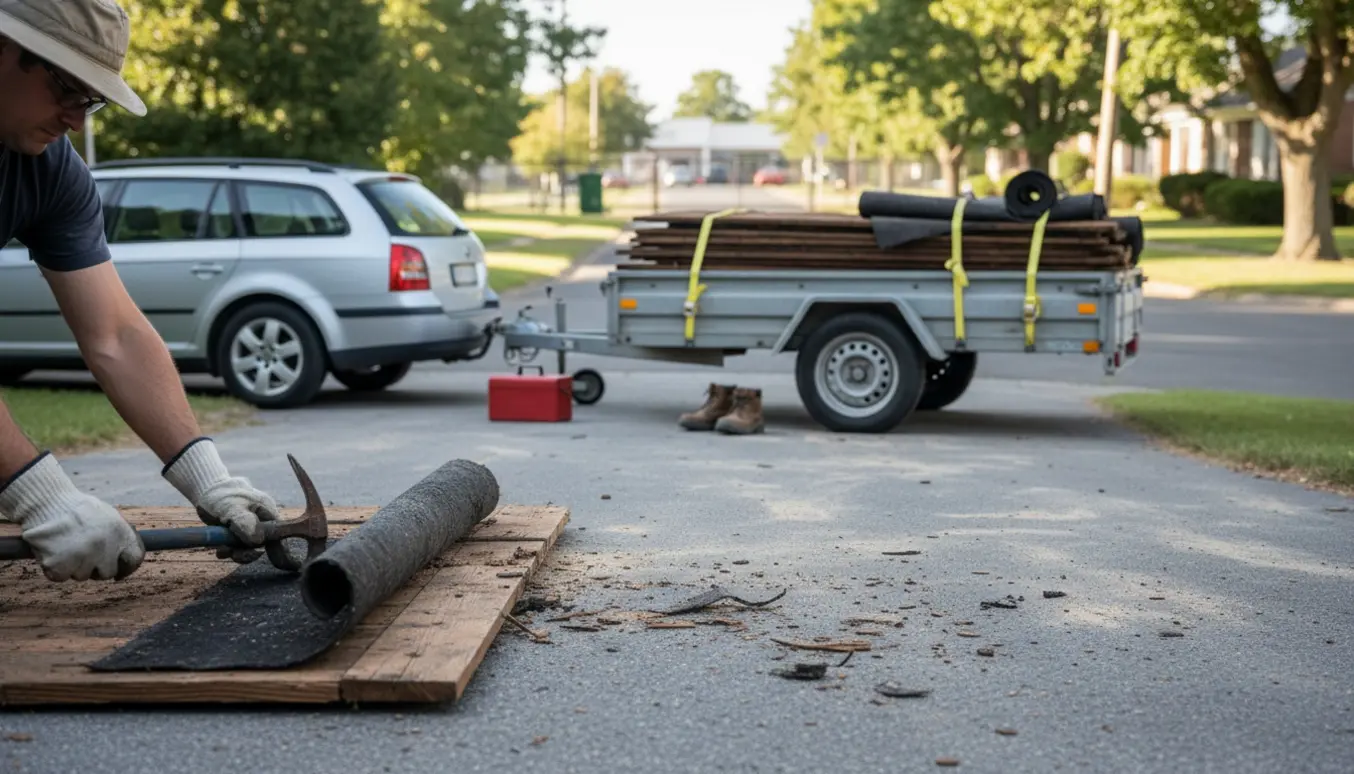 Trailer med afrensede brædder og tagpap på indkørsel, arbejdshandsker og værktøj i forgrunden.