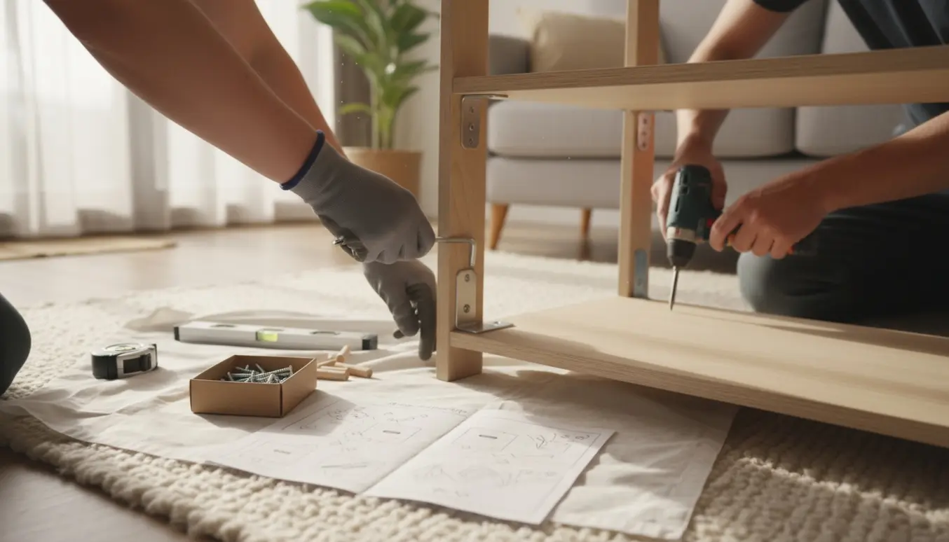 Nærbillede af hænder, der samler en reol med skruer og beslag i et lyst, ryddeligt rum.