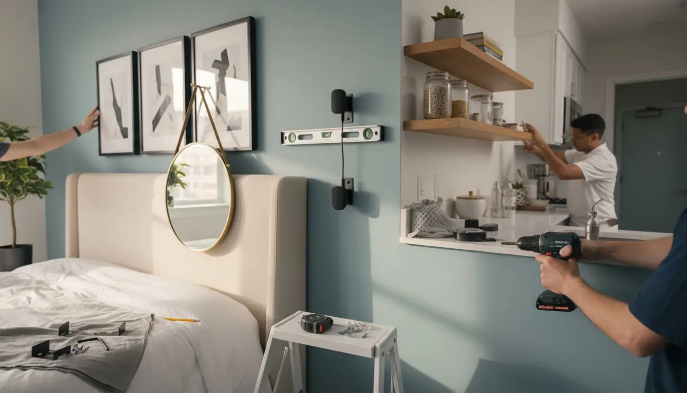Hænder monterer vægbeslag for højttaler og hænger billeder og spejl op, mens en hylde installeres i køkkenet.