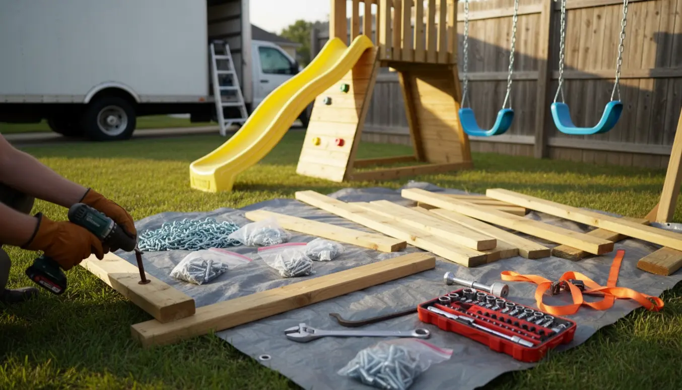 Delvist adskilt træ-legestativ med plastrutsjebane og værktøj i en baghave klar til fjernelse.