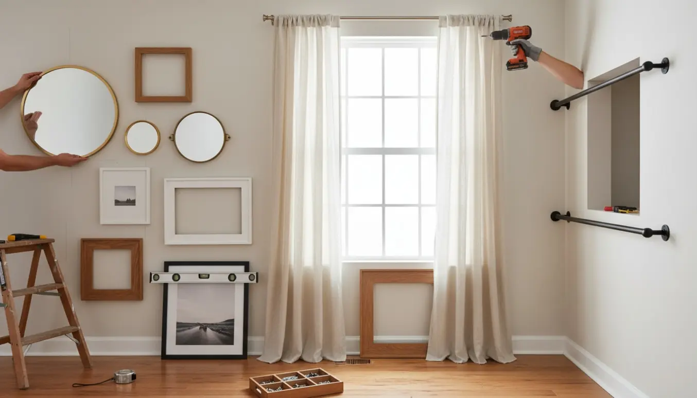 Hænder monterer billeder, spejle, tøjstænger og en gardinstang på en lys væg med værktøj på gulvet.