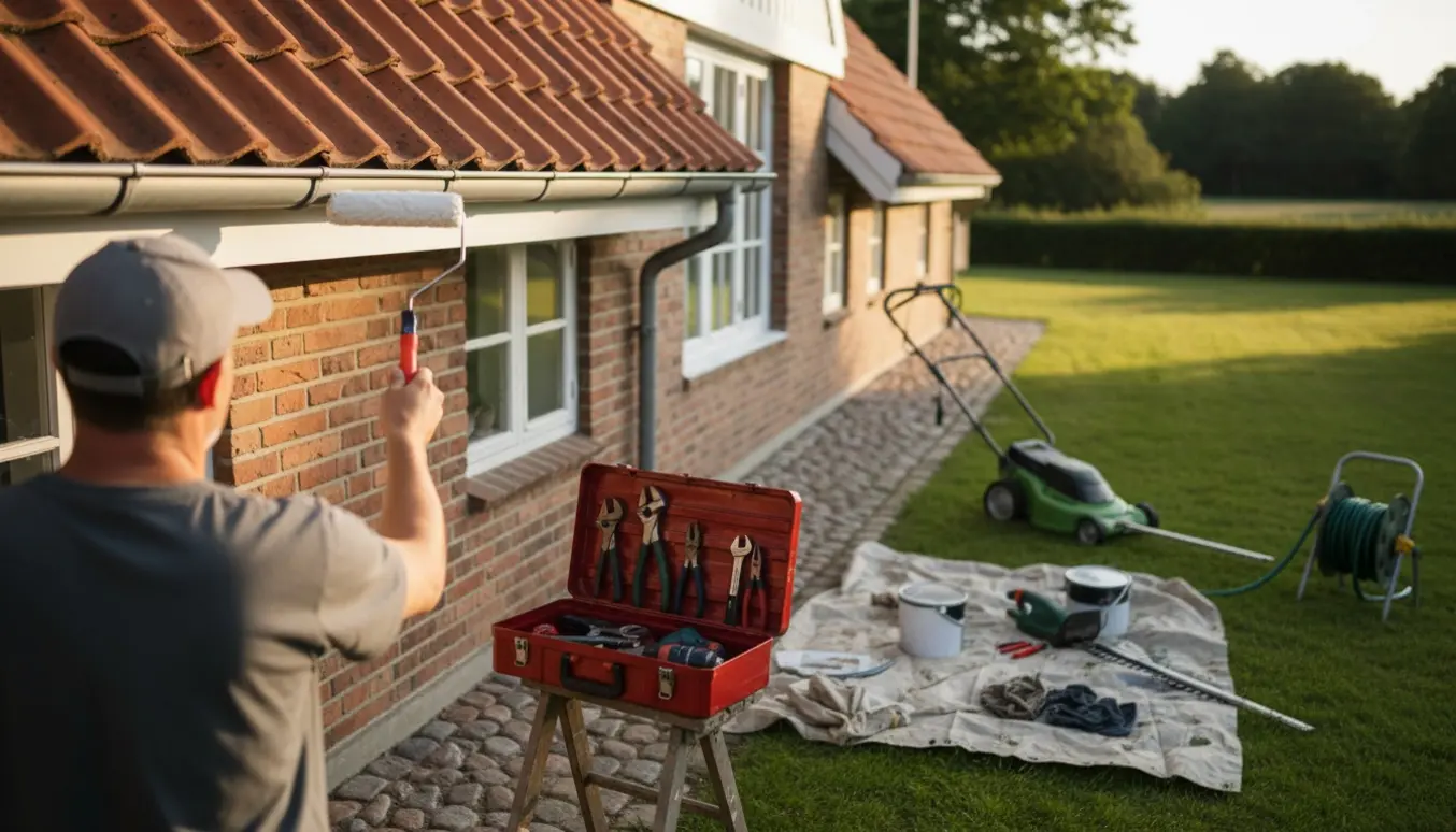 Håndværker set bagfra maler husets træværk med værktøj og haveudstyr ved et dansk landehus.