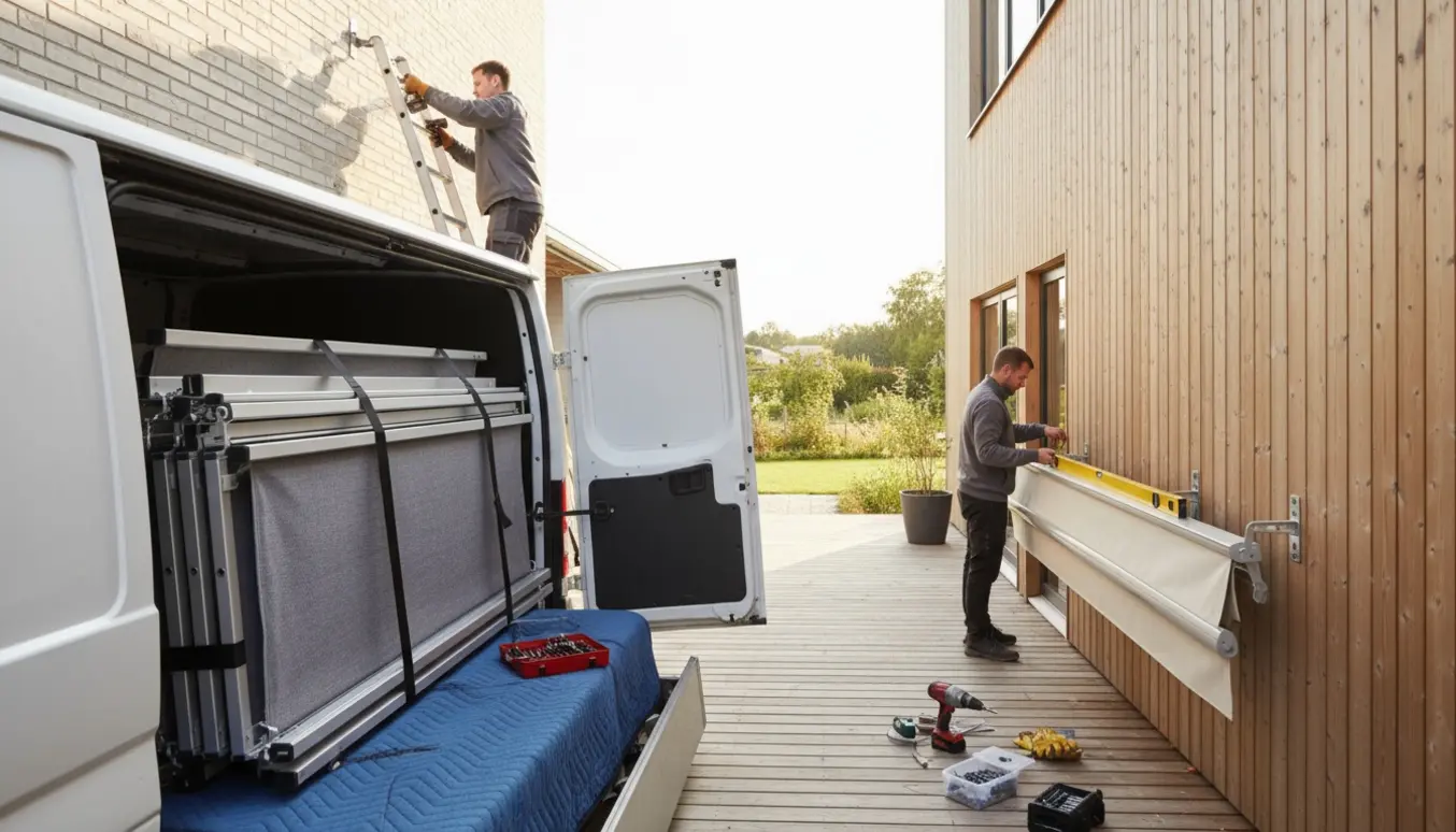 En markise er taget ned fra et hus og forberedes til opsætning ved en anden bolig med værktøj og stige i scene.