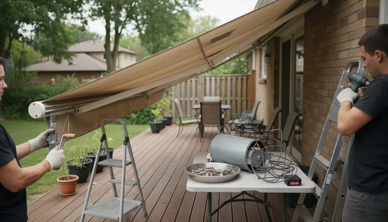 Fjernelse af en gammel markise over en terrasse med synlig elektrisk motor og håndsving.