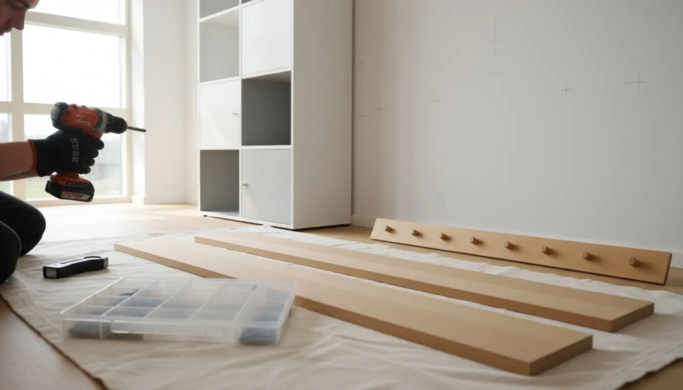 Værktøj og dele ved en væg med hylder og en knagerække klar til opsætning.