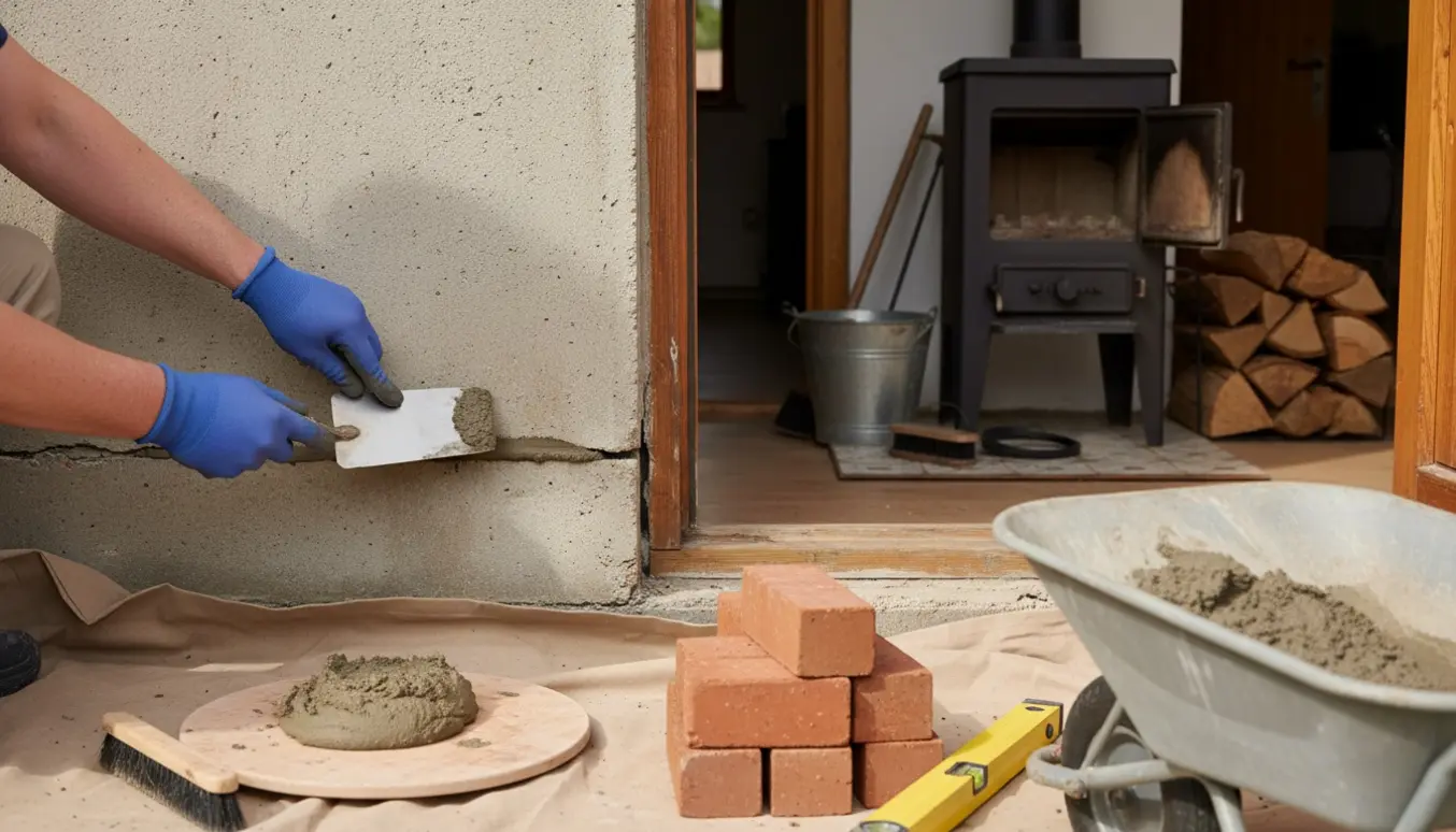Hænder påfører mørtel på husets sokkel foran en brændeovn med værktøj i baggrunden.