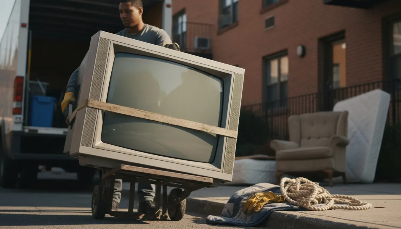 Et gammelt, tungt billedrørs-tv spændt fast på en trillebør ved fortovet klar til storskrald.