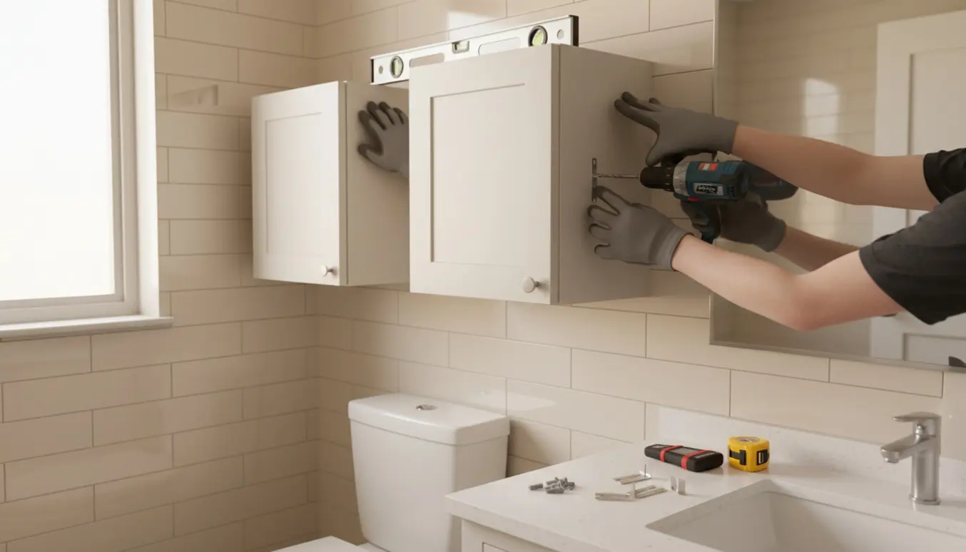 Et par vægskabe monteres over toilettet i et lyst badeværelse, kun hænder og værktøj er synlige.