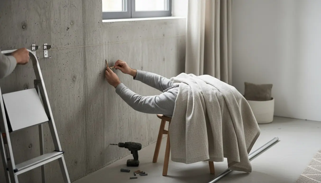Hænder måler og markerer en betonvæg med målebånd og snor, mens et gardin forberedes til ophæng over et soveværelsesvindue.