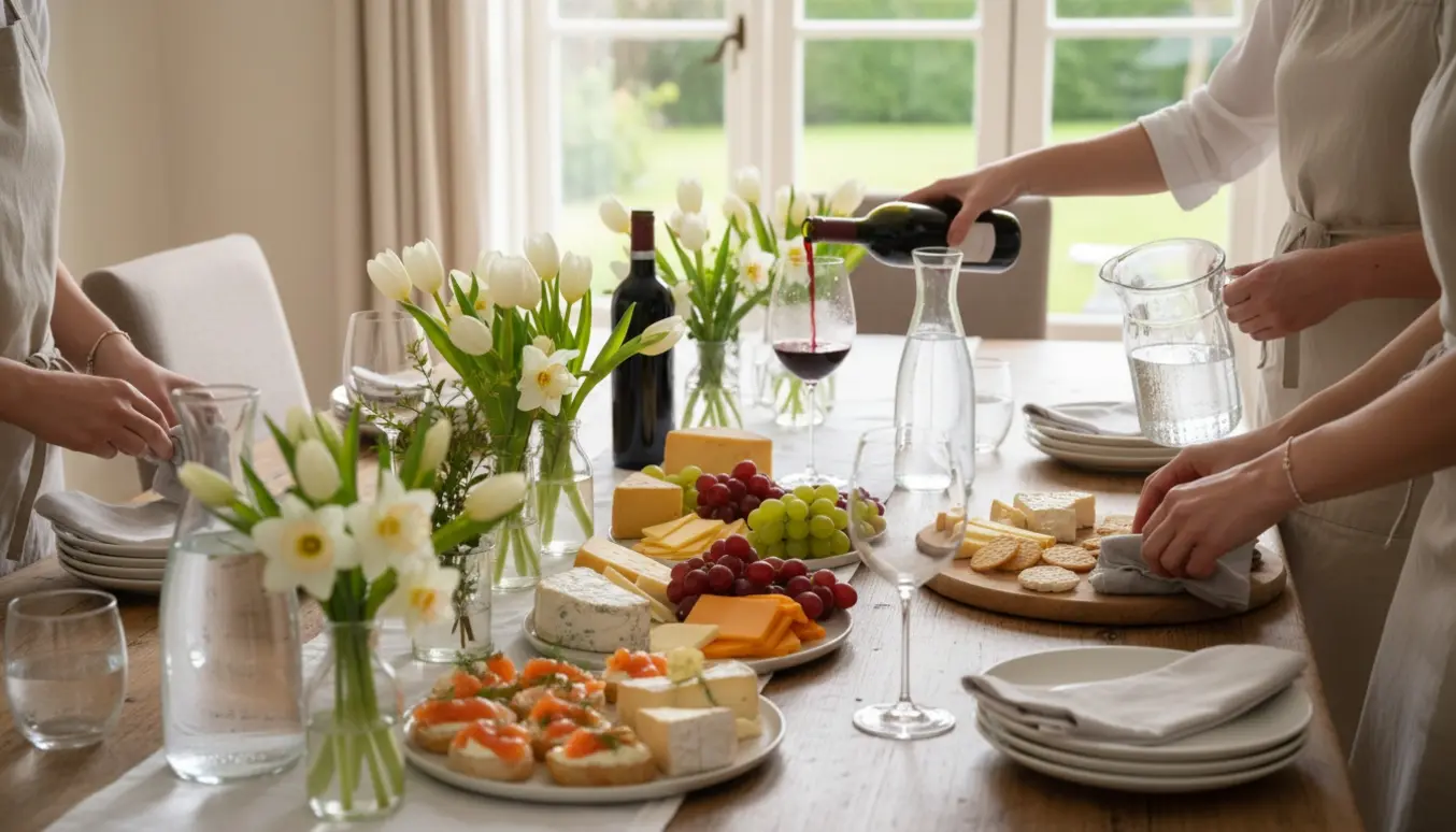 Hænder fylder op vin, vand og snacks på et lyst og velordnet konfirmationsbord.