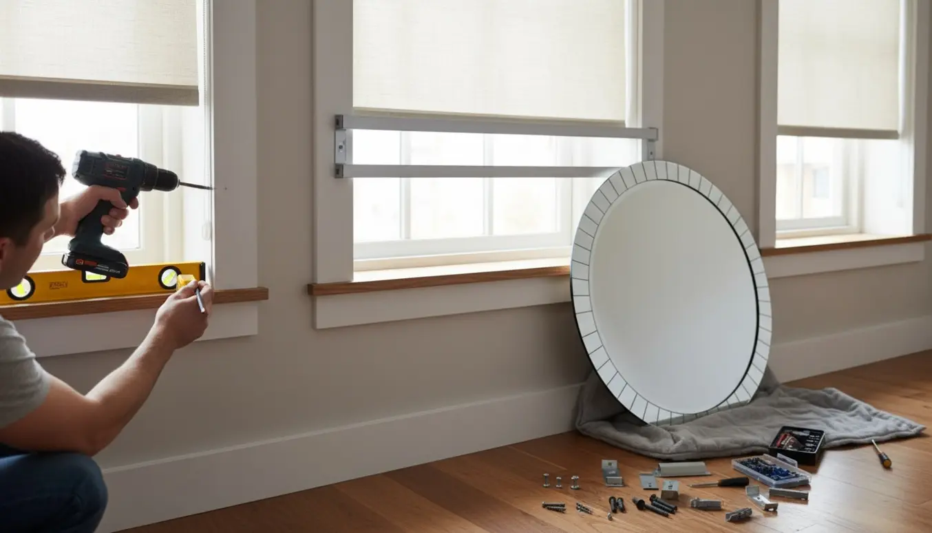 Nærbillede af gør-det-selv opsætning af to persienner ved vinduer og ophængning af et stort spejl.