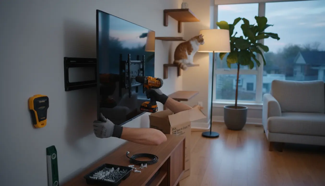 En person monterer et vægbeslag og hænger et stort tv op ved siden af monterede kattehylder i en stue om aftenen.