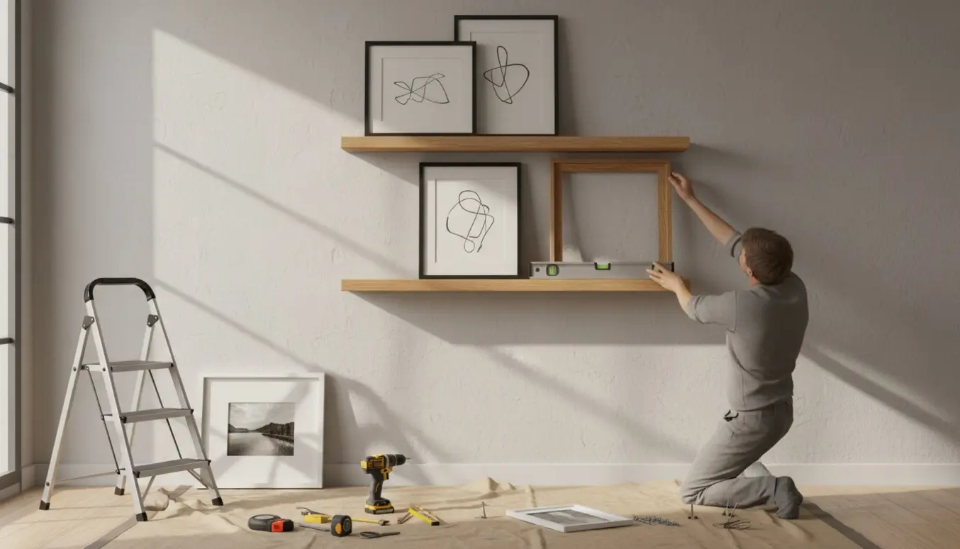 Hænder justerer en ramme, mens to træhylder og i alt fire billeder monteres på en neutral stuevæg.