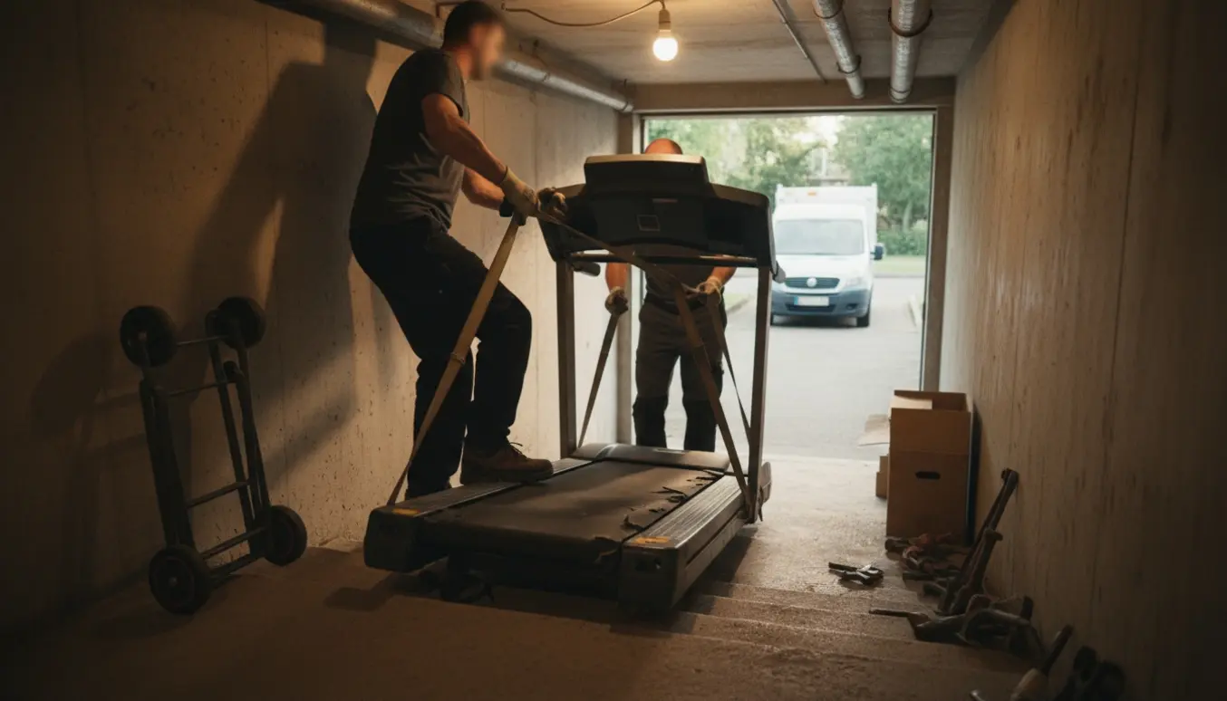 To personer bærer et defekt løbebånd op ad en kældertrappe mod dagslys, klar til bortkørsel.