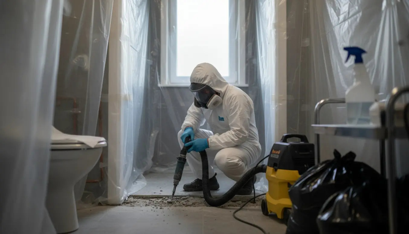 Håndværker i beskyttelsesdragt fjerner gulvet i et lille badeværelse under asbestsanering med HEPA-støvudsugning og plastinddækning.
