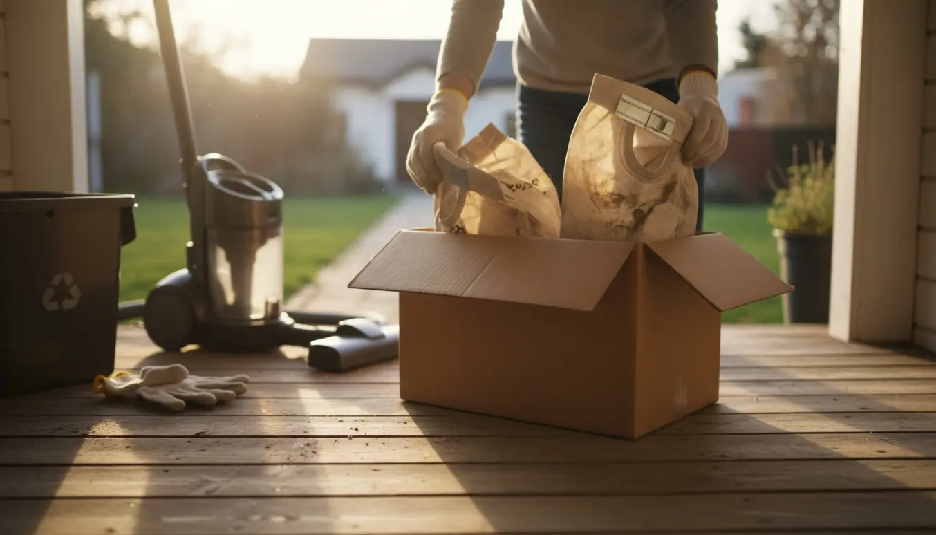 Handske‑klædte hænder lægger brugte støvposer i en kasse på en solbeskinnet indgangstrappe.