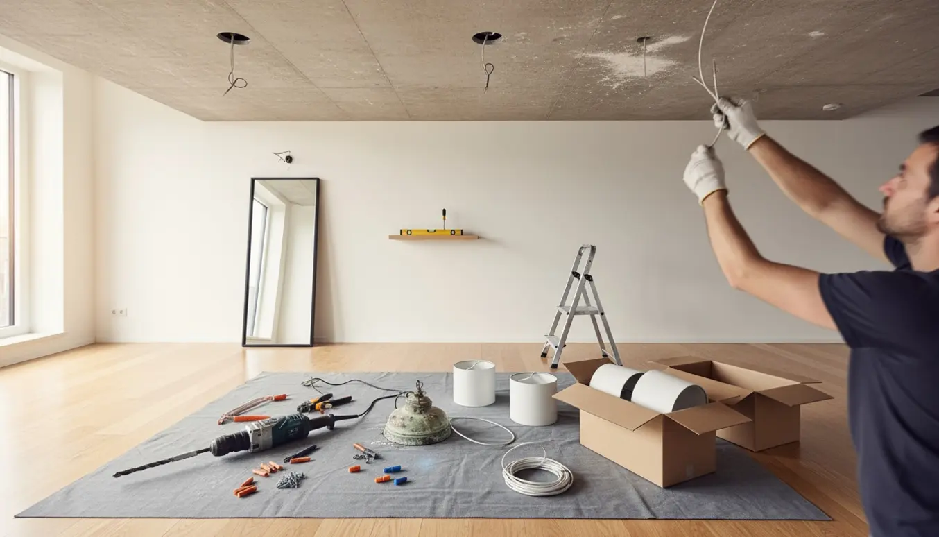 DIY-scene med fire loftlamper, værktøj, en halvmonteret hylde og et spejl klar til ophæng.