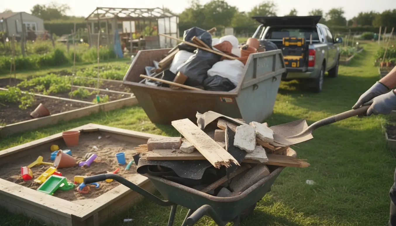 Blandet nedrivningsaffald i en kolonihave ved en sandkasse klar til bortskaffelse.