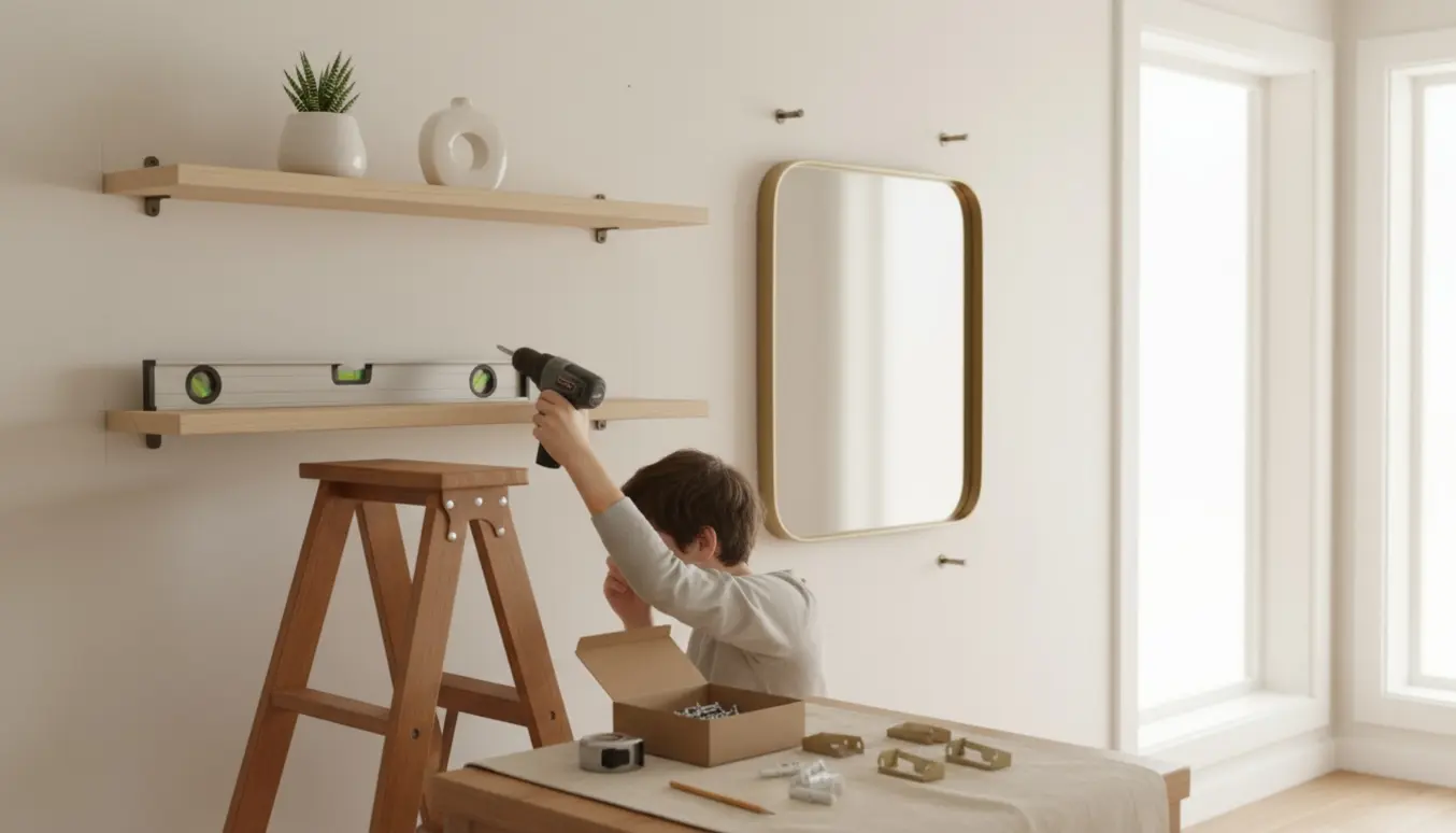 Hænder monterer to svævehylder, et spejl og gardinbeslag på en neutral væg i et lyst rum.