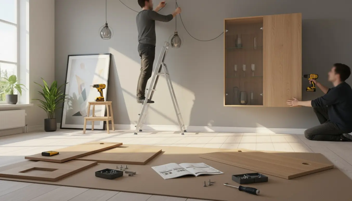 Stue med loftslampe sænket, et billede hænges med boremaskine, vitrineskab er delvist monteret, og et skrivebord samles.