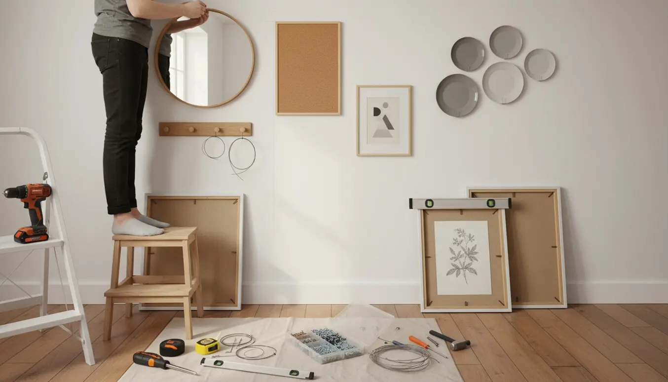 Hænder hænger billeder, spejl, knagerække og små porcelænstallerkener op på en hvid væg med værktøj og skruer i forgrunden.