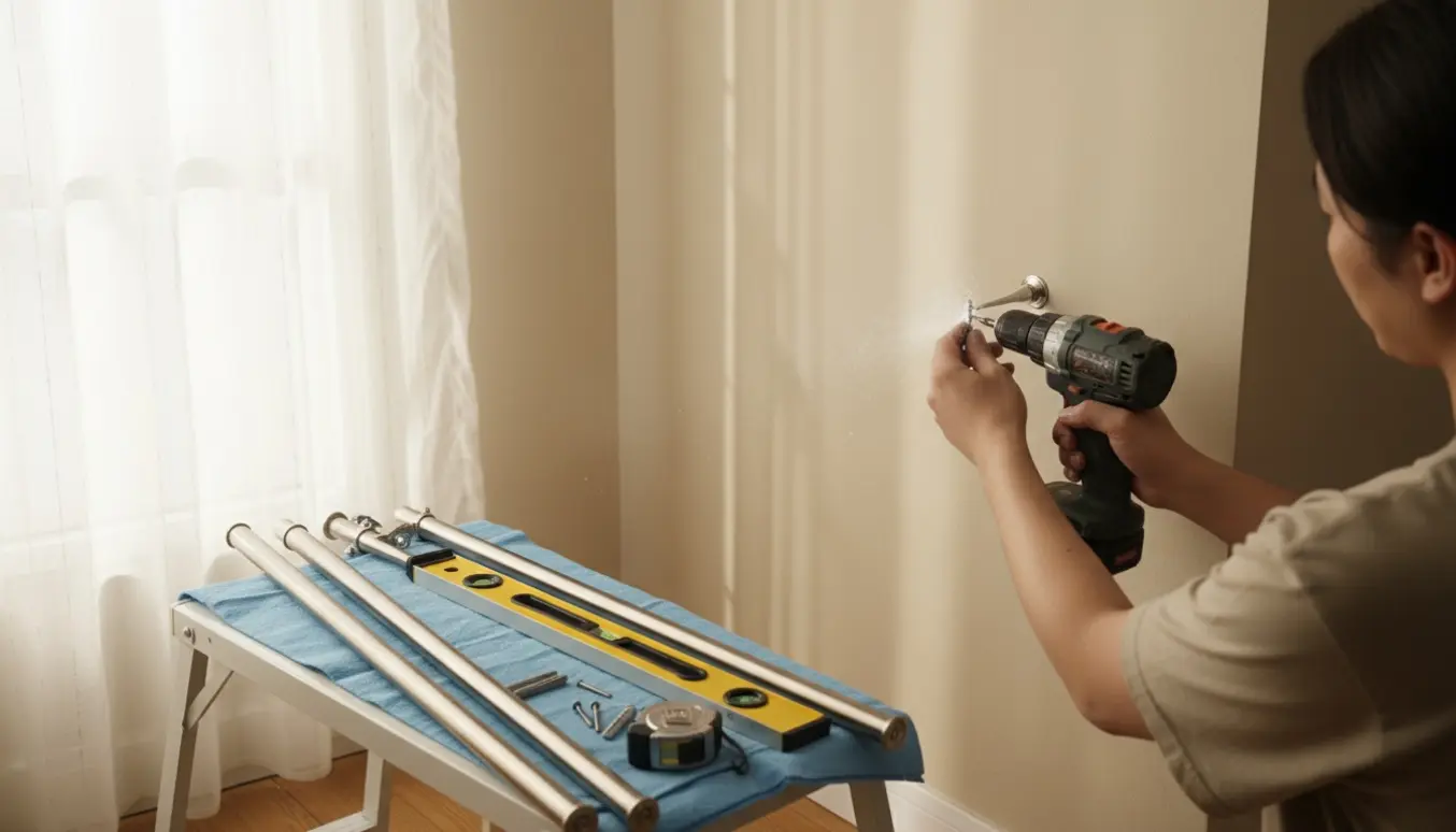 Hænder monterer en gardinstang ved et lyst vindue med boremaskine og flere gardinstænger og værktøj klar ved siden af.