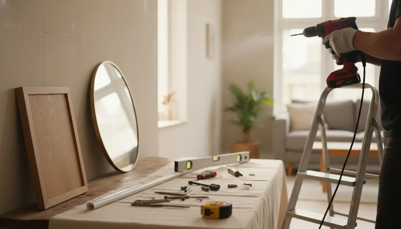 Arme med handsker bruger en slagboremaskine til at montere lampe, tavle, gardinstang og spejl i et lyst rum.