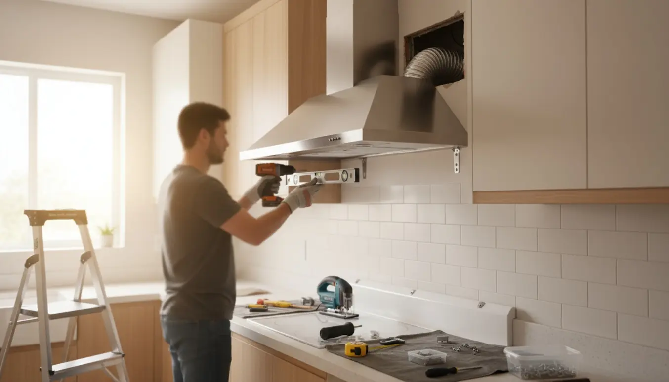 Ny rustfri emhætte er delvist monteret over kogepladen i et lyst, renoveret køkken med værktøj og et flyttet aftrækhul synligt.