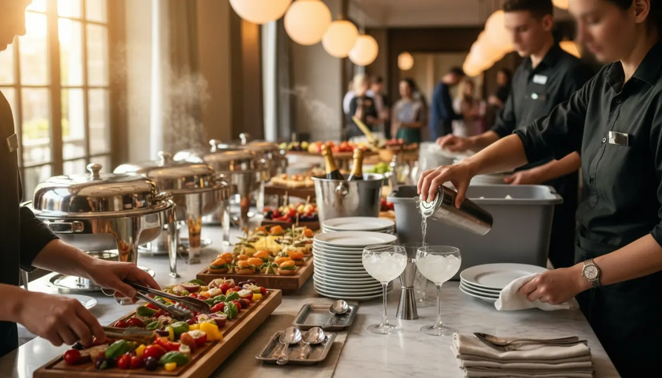 Serveringspersonale arrangerer snacks, hælder drikkevarer og rydder op ved en buffet.