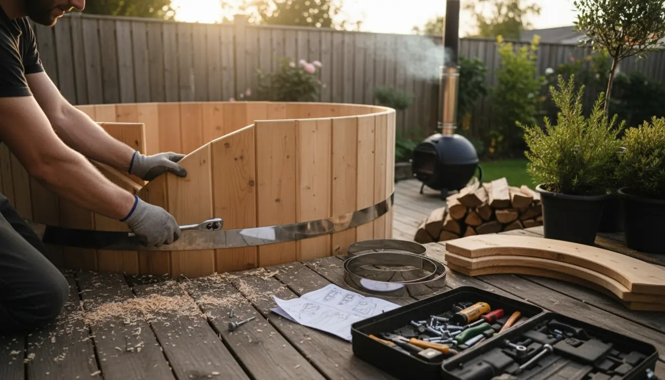 Samling af vildmarksbad i haven med hænder, værktøj og træstave i varmt naturligt lys.