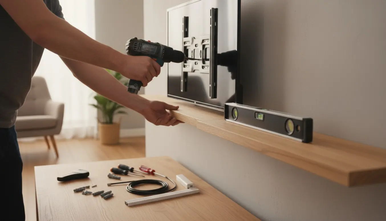 Hænder monterer et vægmonteret TV og sætter flydende hylder op i en lys, moderne stue.