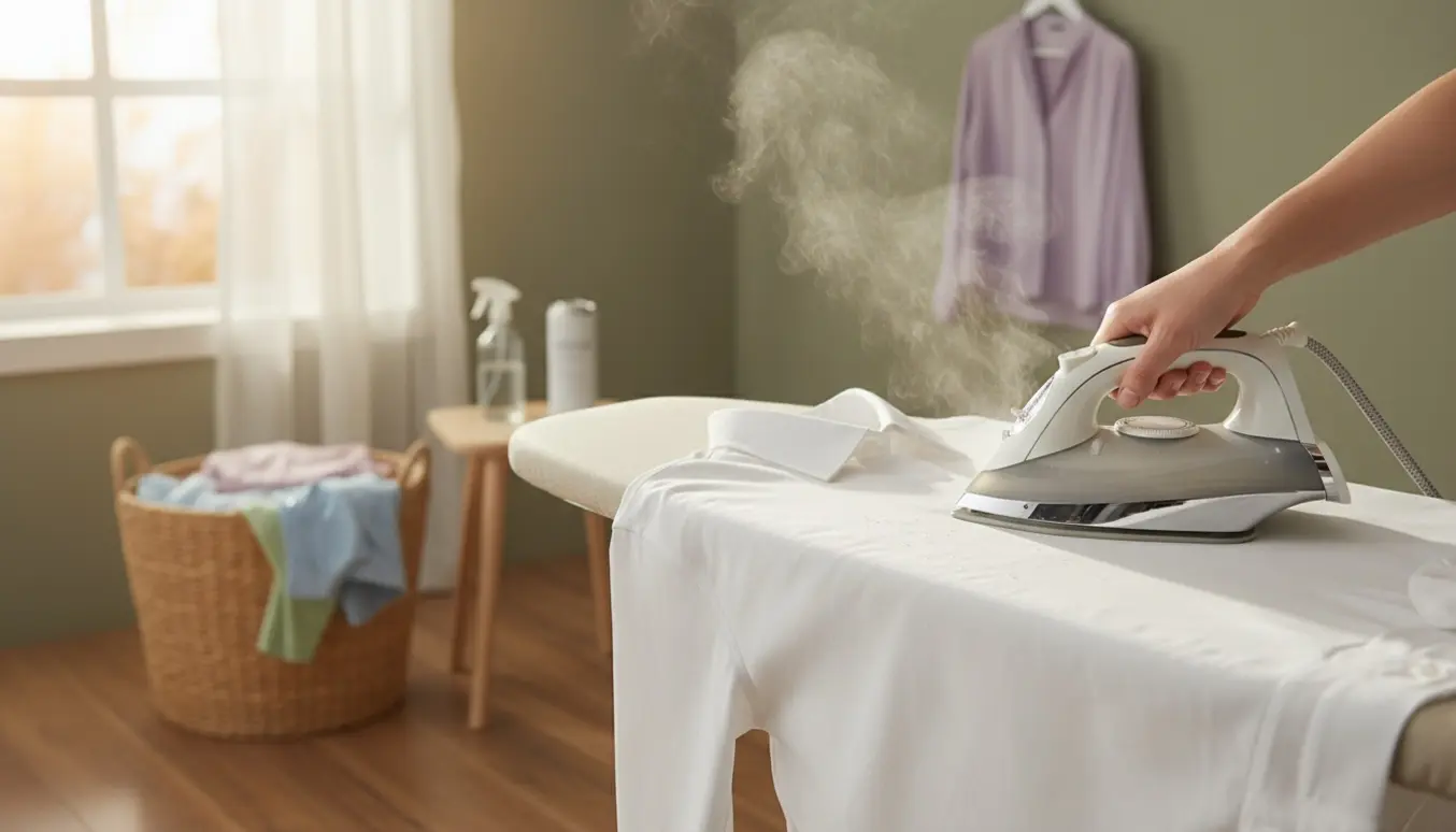 Hænder stryger en hvid skjorte med et dampstrygejern foran en stak nystrøgne tekstiler.