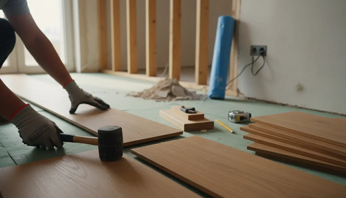 Nærbillede af hænder, der lægger et nyt egetræs gulvbræt i et rum efter en nedrevet væg.