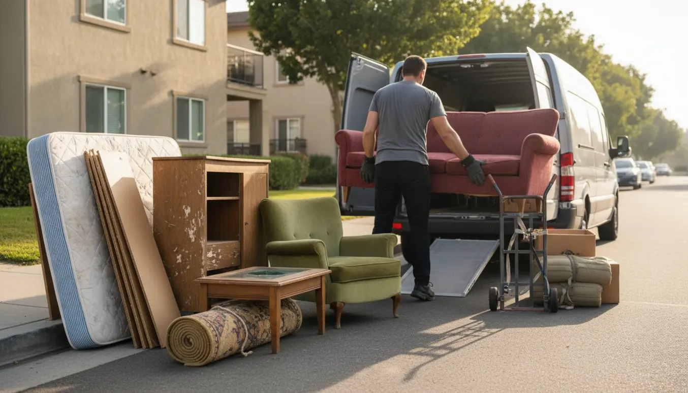 En arbejder læsser storskrald som sofaer og møbler op i en varevogn ved fortovet.