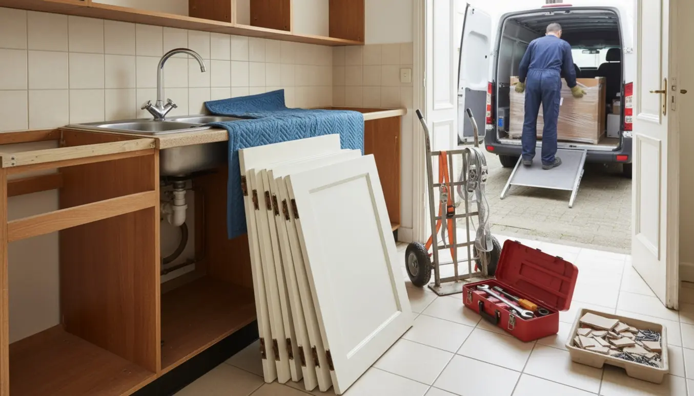 Nedtaget lille køkken med skabsdele, vask og værktøj samlet klar til afhentning.