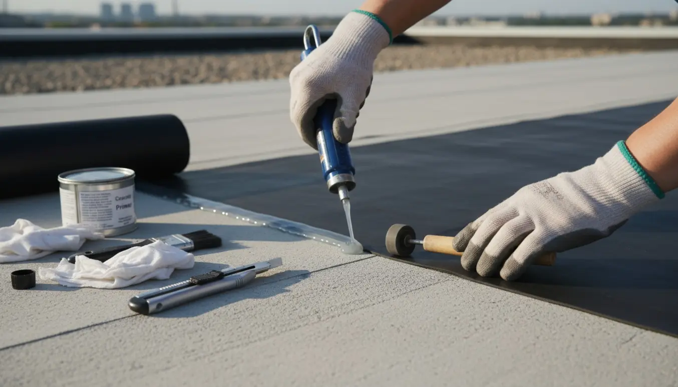Nærbillede af hænder, der reparerer en løs gummimembran på et fladt tag med silicone og værktøj.
