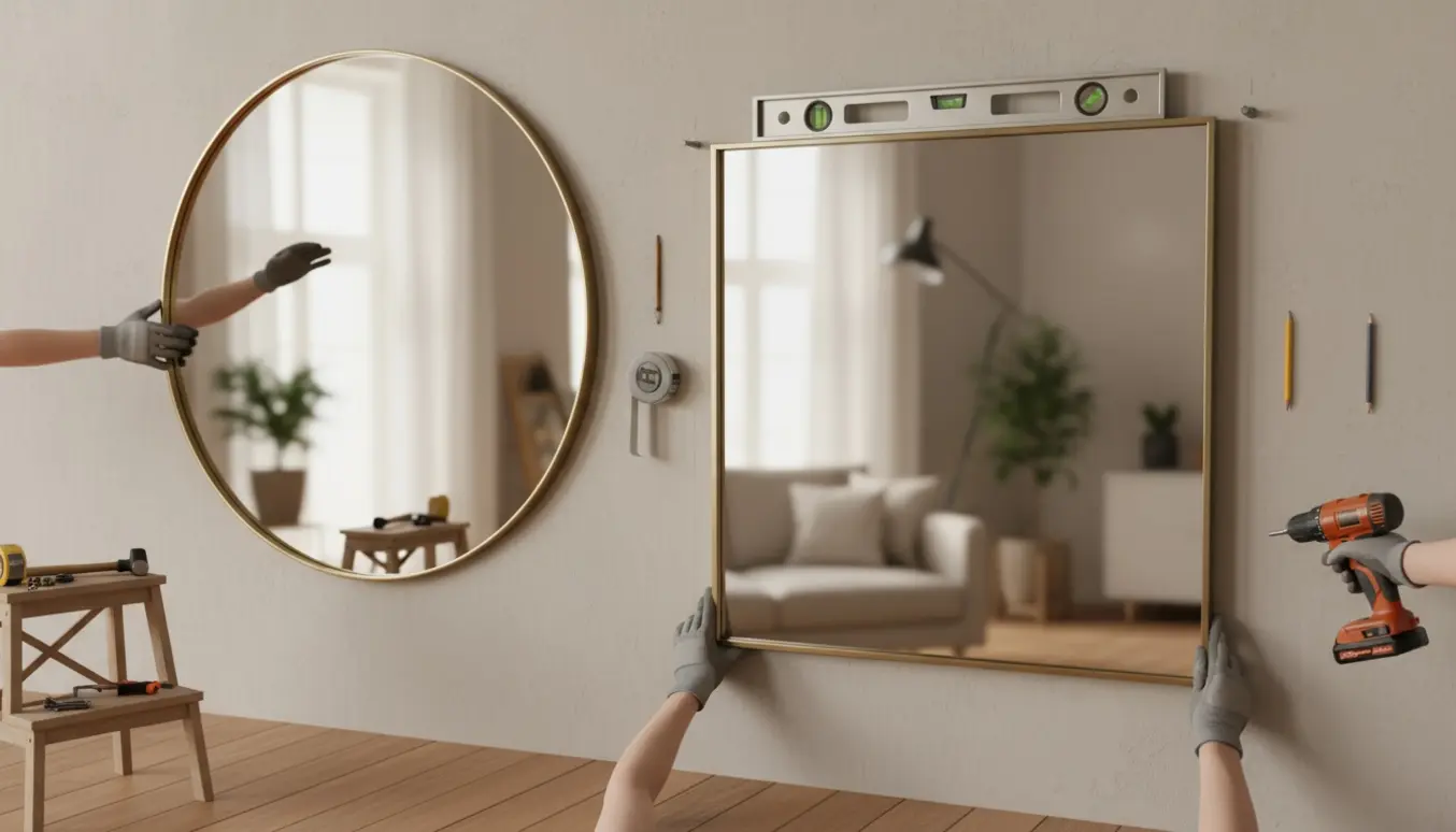 To tunge spejle hænges på en væg med værktøj og handsker, ansigter ude af fokus.