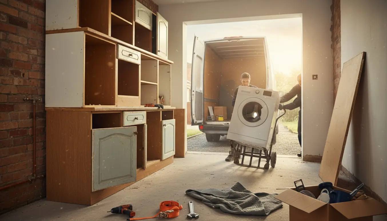 Gamle køkkenelementer, en bordplade og en vaskemaskine stablet og læsset fra et køkken under renovering.