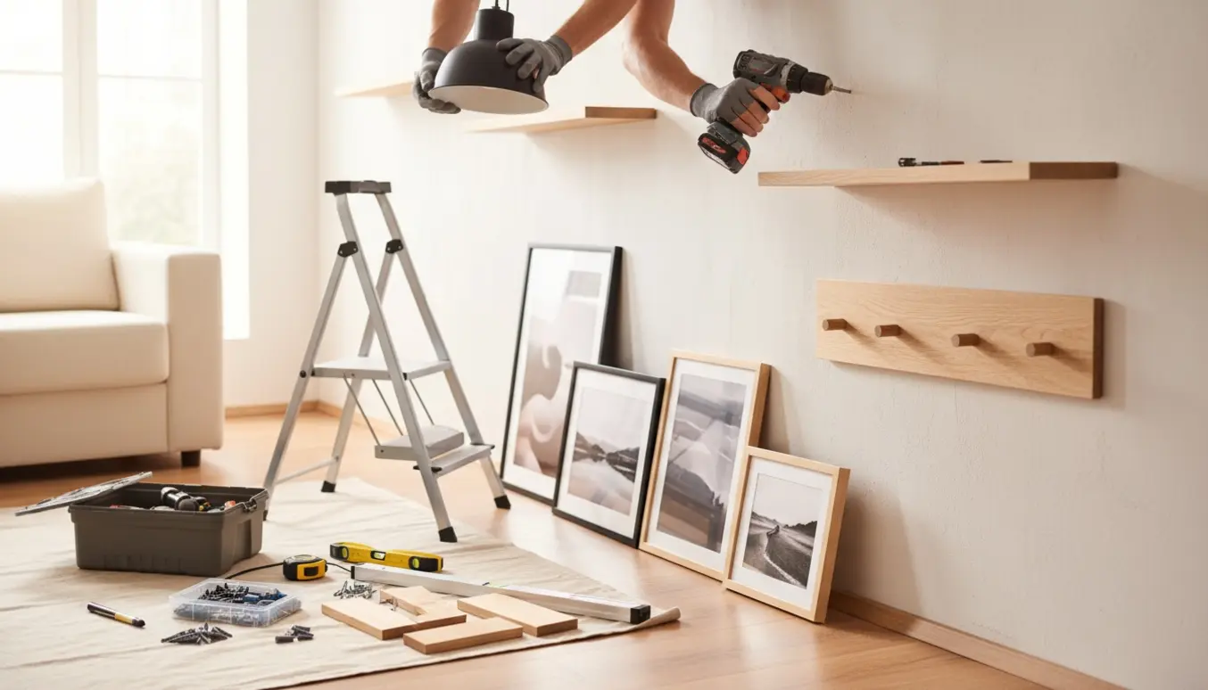 Hænder monterer hylder, knagerække og en loftlampe i en lys stue med værktøj på gulvet.