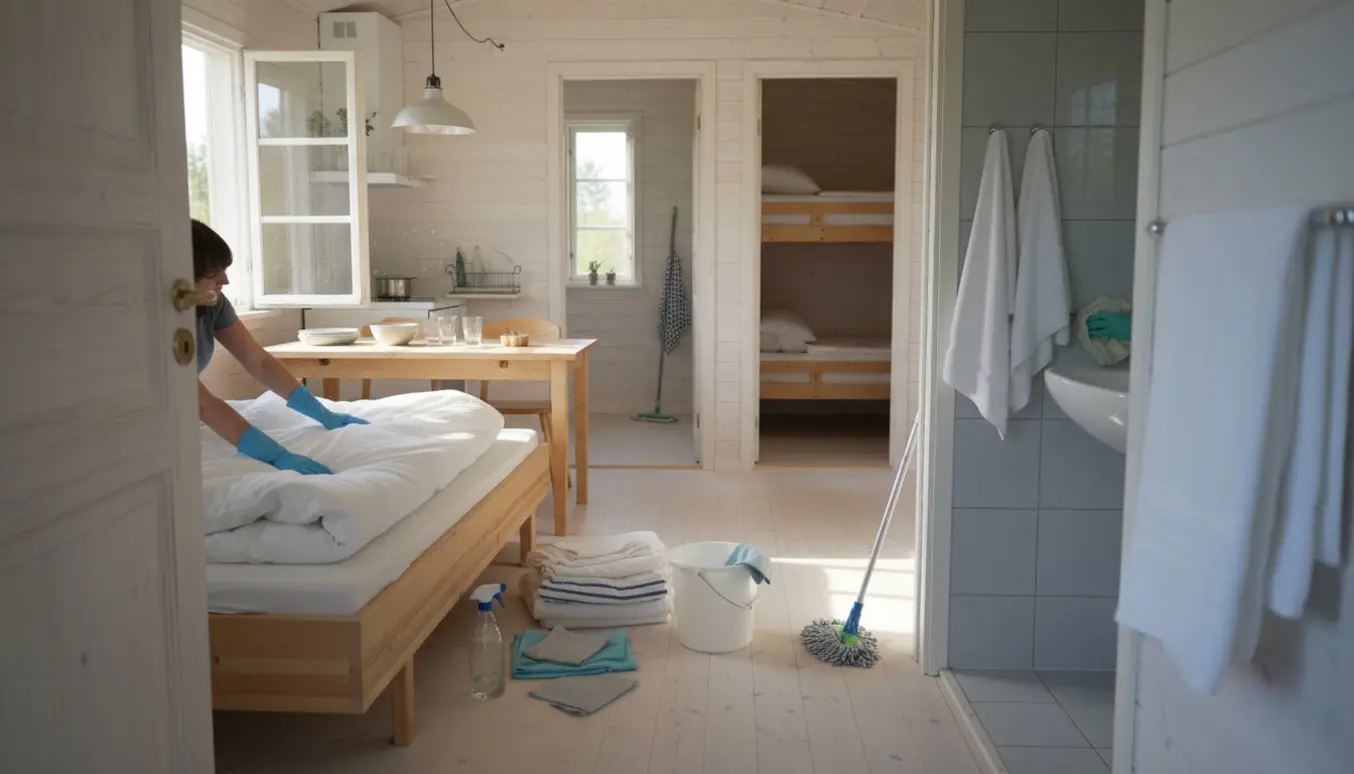 Soloplyst sommerhusinteriør med hænder, der gør hovedrengøring — redte senge, rengøringsudstyr og et nyrenset flisebadeværelse.