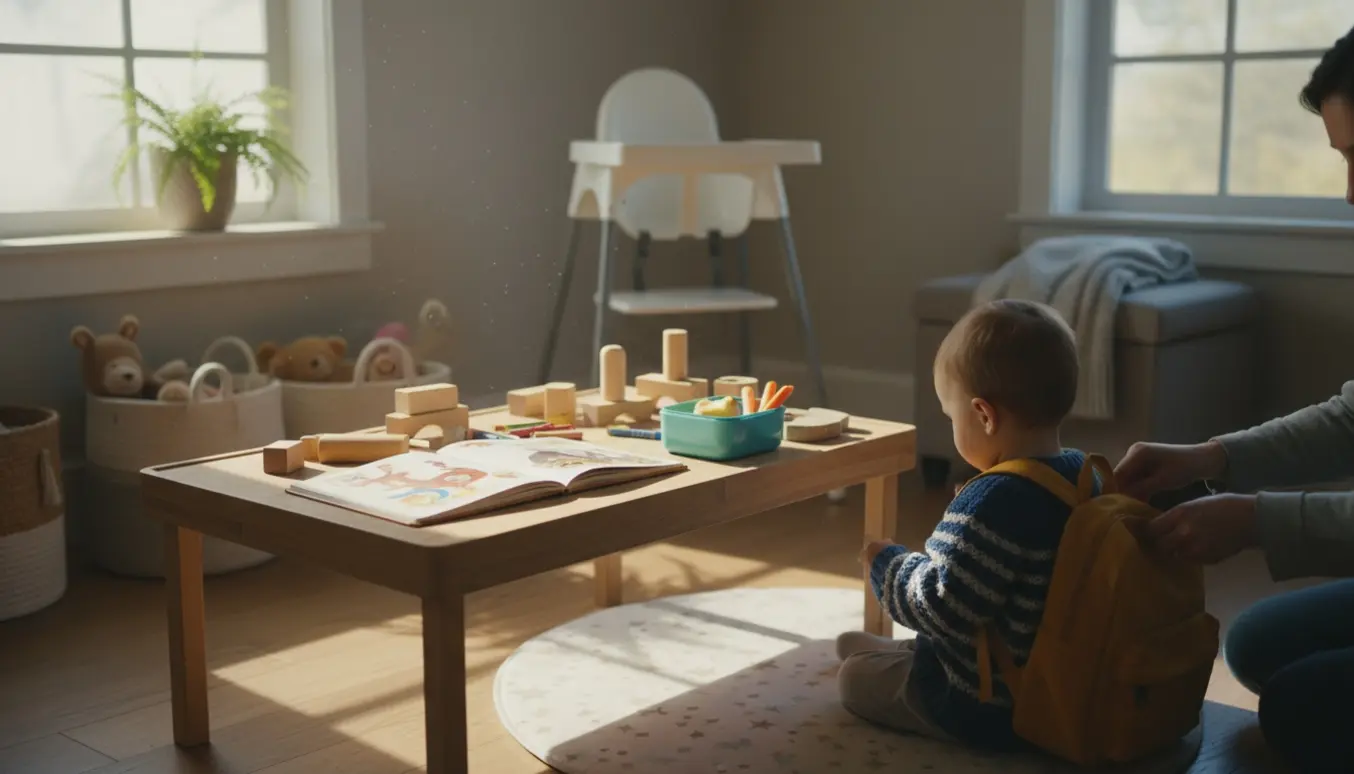 Hyggelig hjemlige børnepasningsscene med legetøj, snacks og en voksen, der hjælper et barn.
