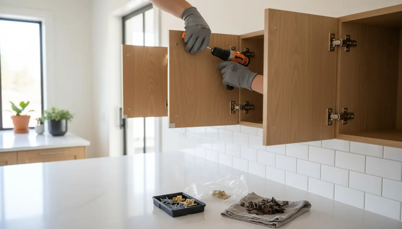 Nærbillede af hænder, der monterer nye beslag og skruer på tre køkkenskabe.