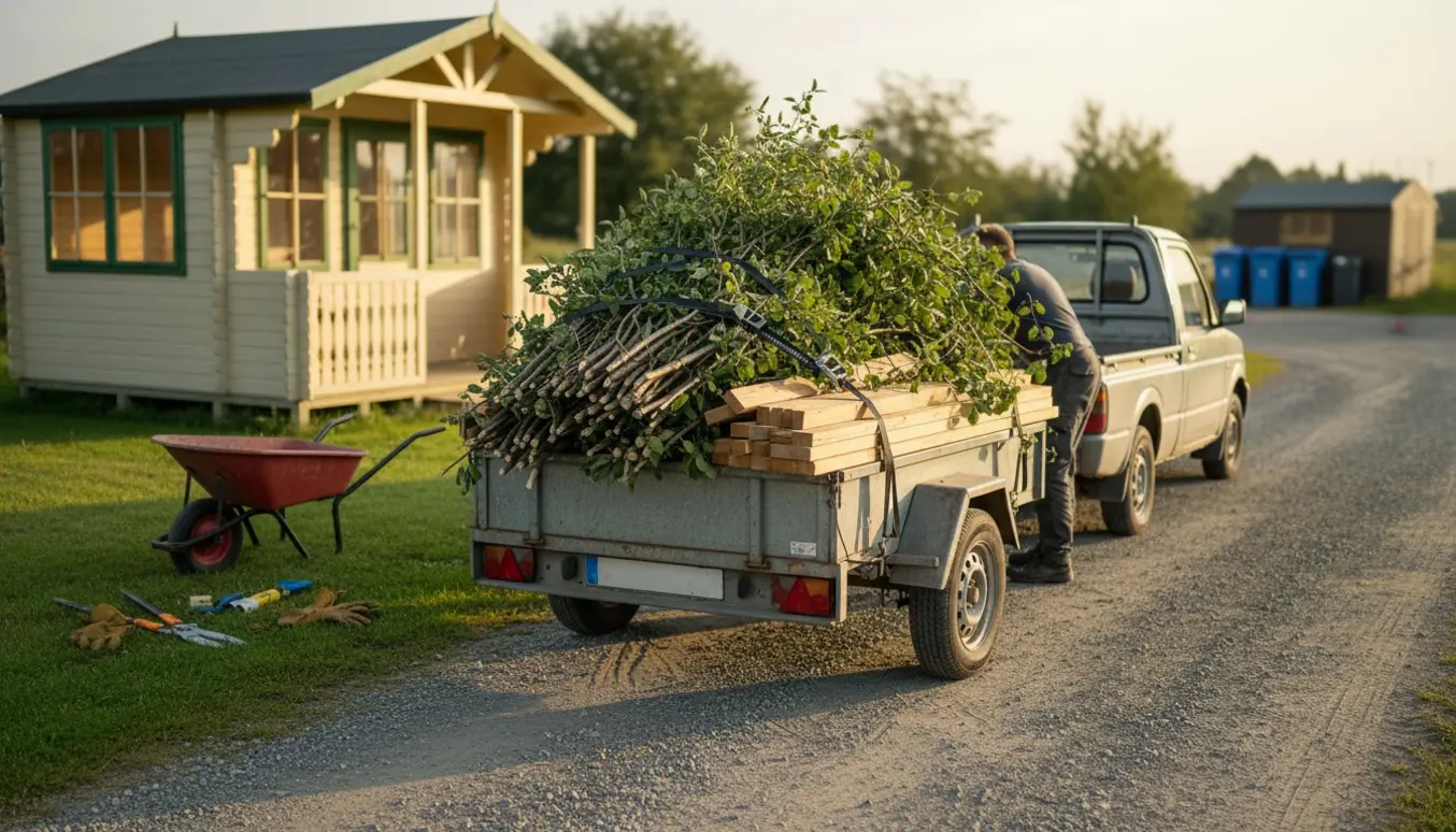 En trailer fyldt med haveaffald og byggetræ parkeret ved et sommerhus, klar til kørsel til genbrugsplads.